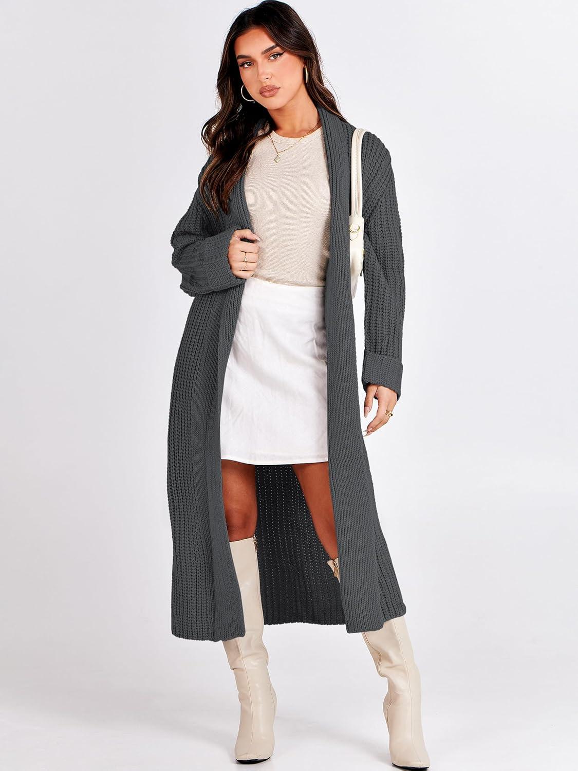 imageANRABESS Women Knit Long Cardigan Long Sleeve Open Front Lapel Oversized Sweater Coat 2025 Fall Duster Outerwear ClothesDark Grey