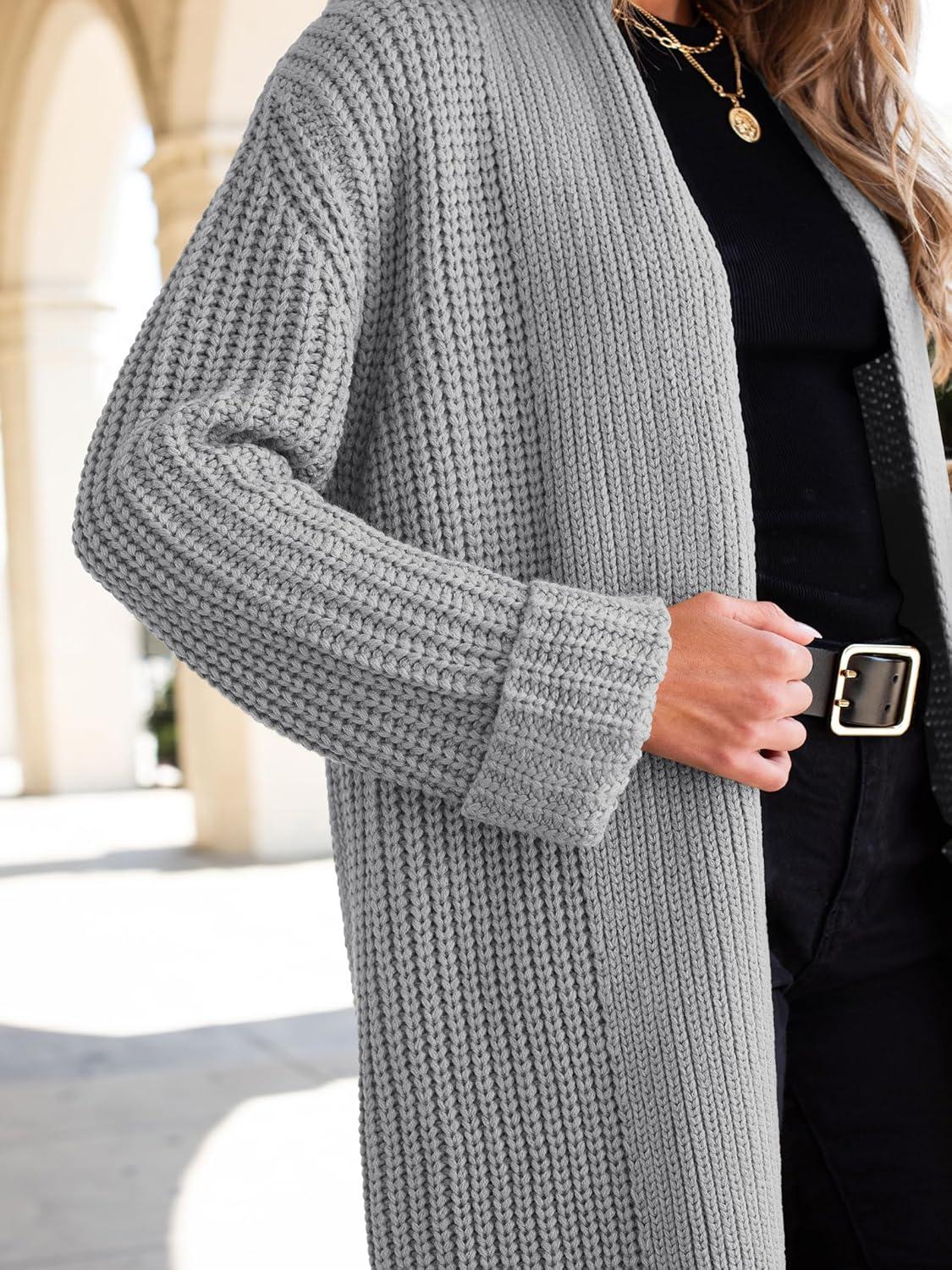 imageANRABESS Women Knit Long Cardigan Long Sleeve Open Front Lapel Oversized Sweater Coat 2025 Fall Duster Outerwear ClothesGrey