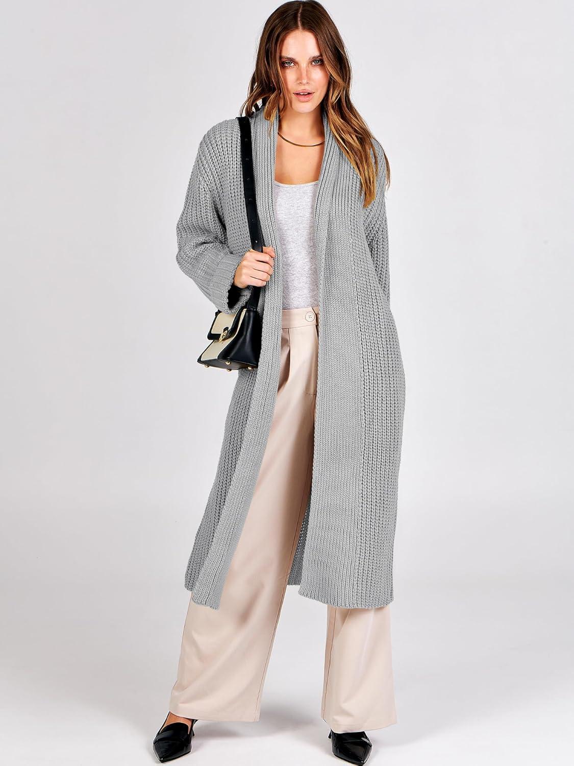 imageANRABESS Women Knit Long Cardigan Long Sleeve Open Front Lapel Oversized Sweater Coat 2025 Fall Duster Outerwear ClothesGrey