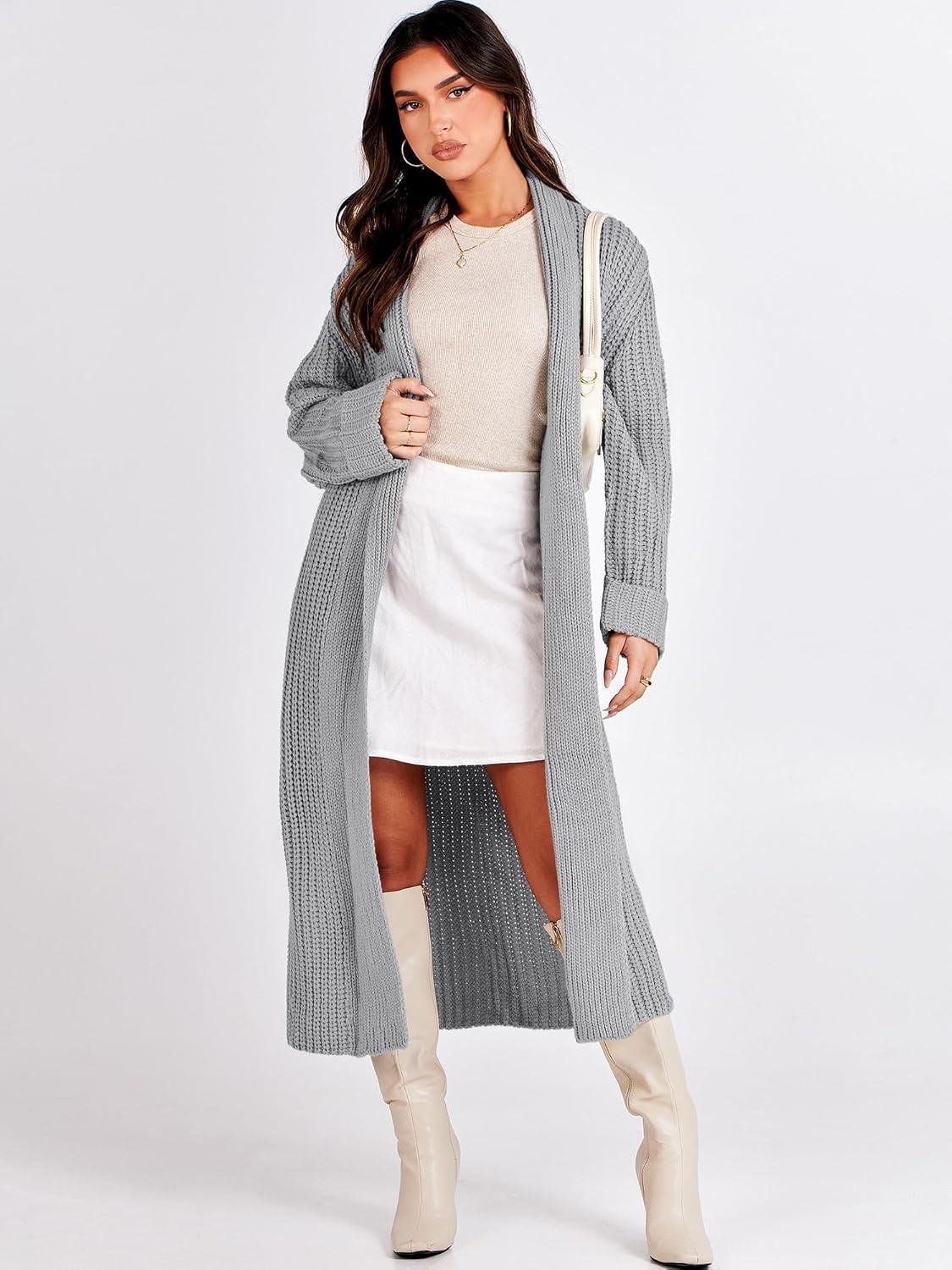 imageANRABESS Women Knit Long Cardigan Long Sleeve Open Front Lapel Oversized Sweater Coat 2025 Fall Duster Outerwear ClothesGrey