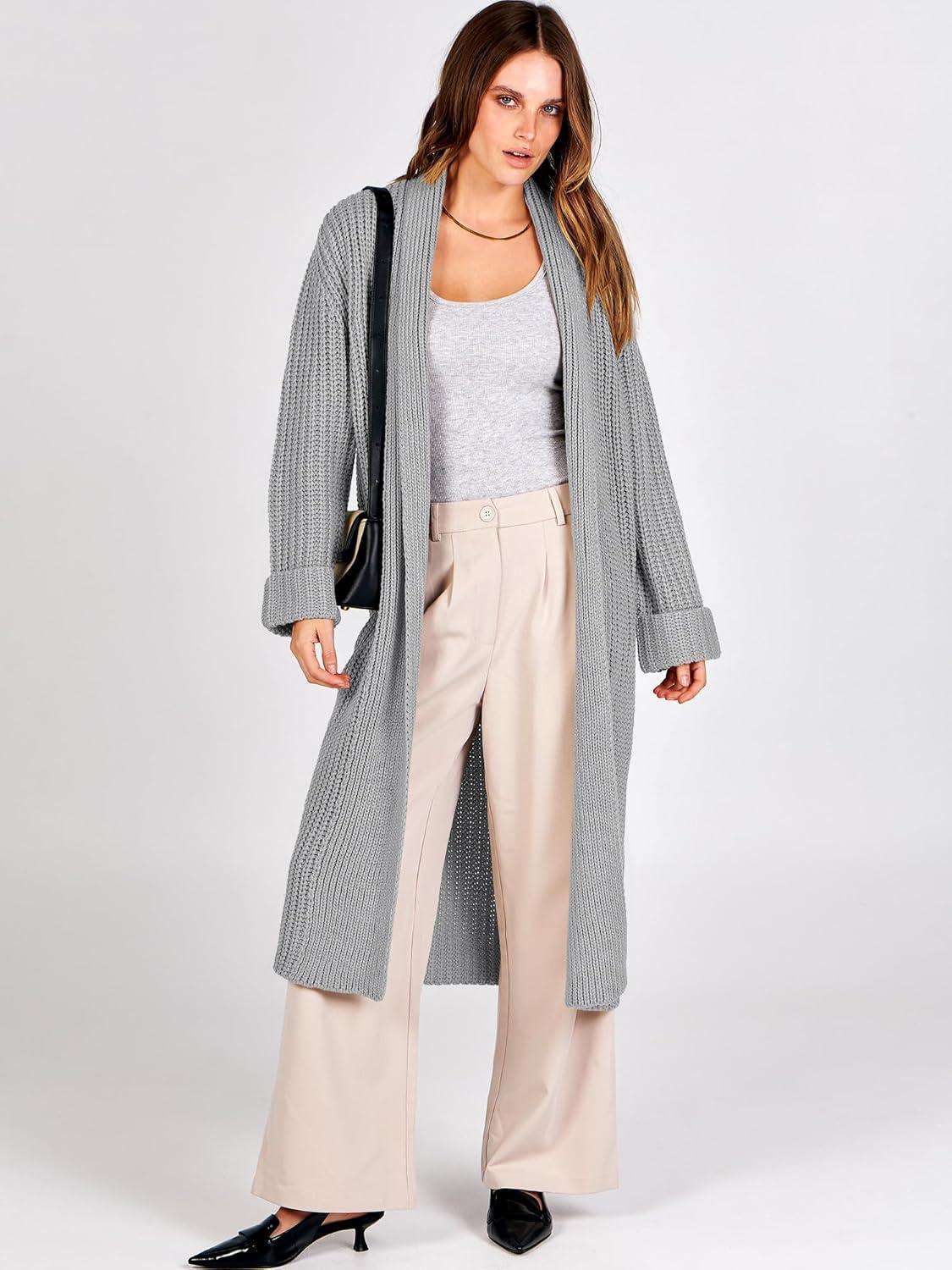imageANRABESS Women Knit Long Cardigan Long Sleeve Open Front Lapel Oversized Sweater Coat 2025 Fall Duster Outerwear ClothesGrey