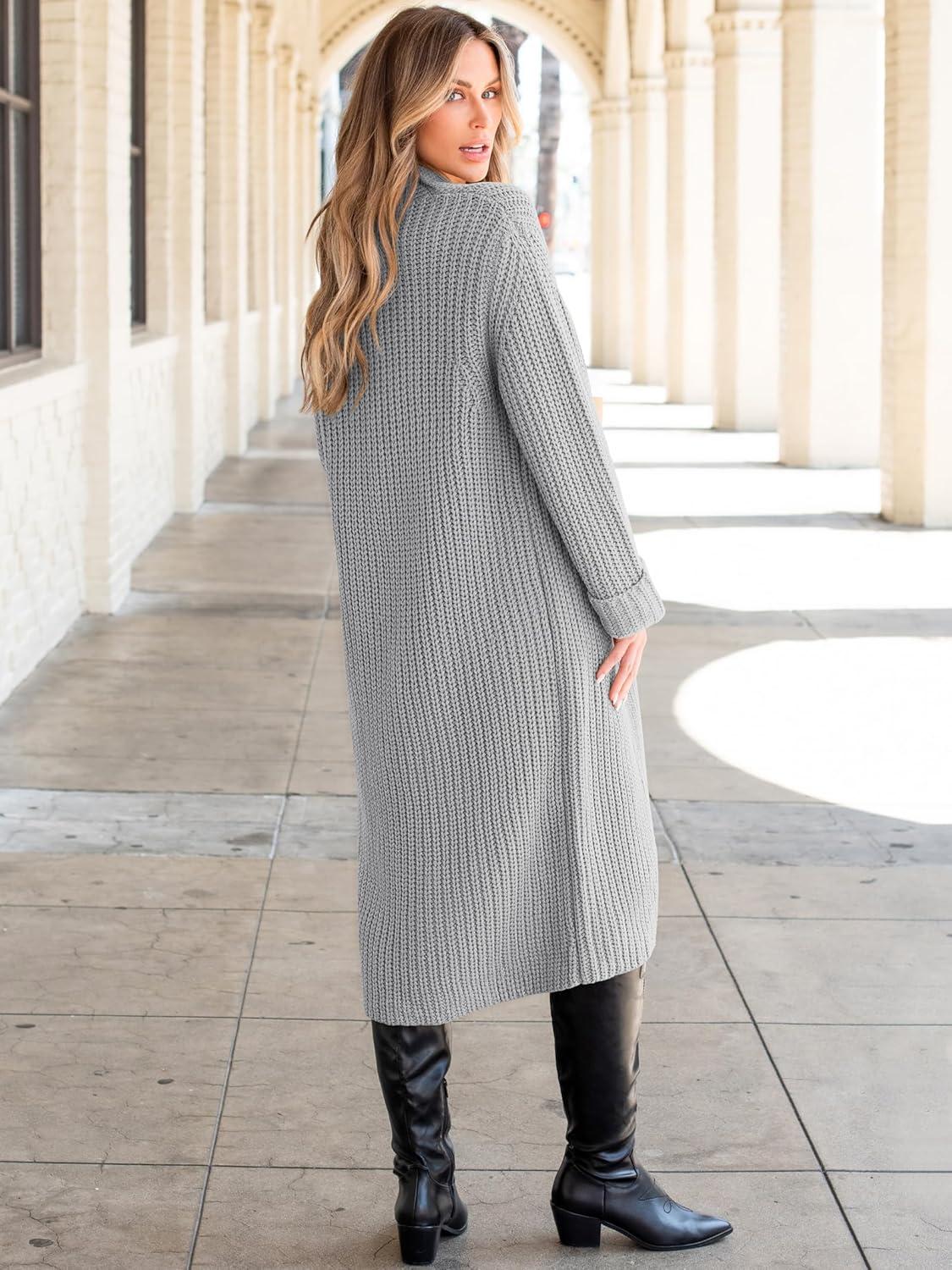 imageANRABESS Women Knit Long Cardigan Long Sleeve Open Front Lapel Oversized Sweater Coat 2025 Fall Duster Outerwear ClothesGrey