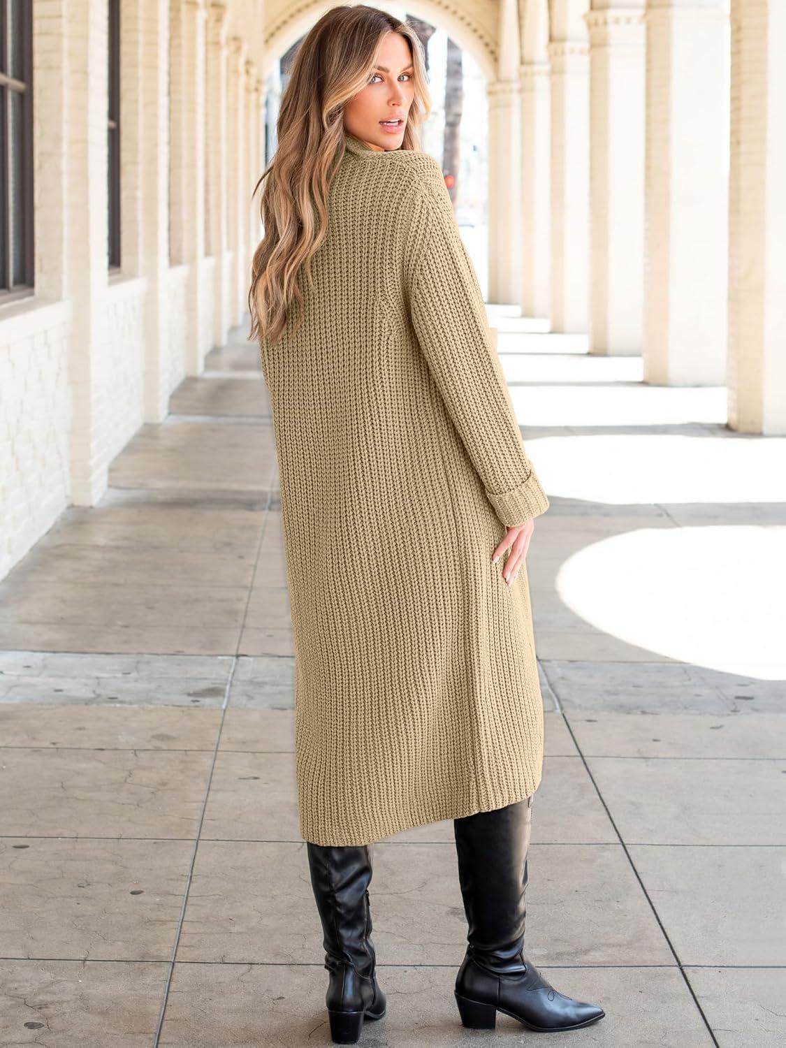 imageANRABESS Women Knit Long Cardigan Long Sleeve Open Front Lapel Oversized Sweater Coat 2025 Fall Duster Outerwear ClothesKhaki