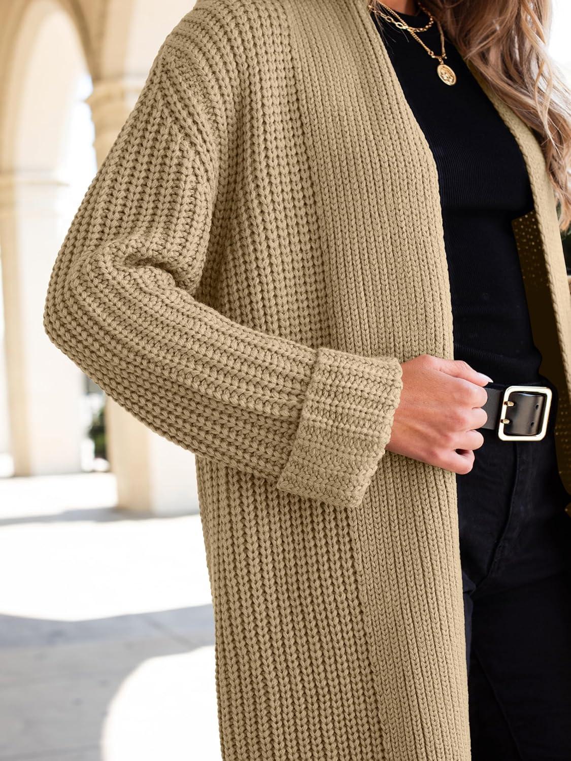 imageANRABESS Women Knit Long Cardigan Long Sleeve Open Front Lapel Oversized Sweater Coat 2025 Fall Duster Outerwear ClothesKhaki