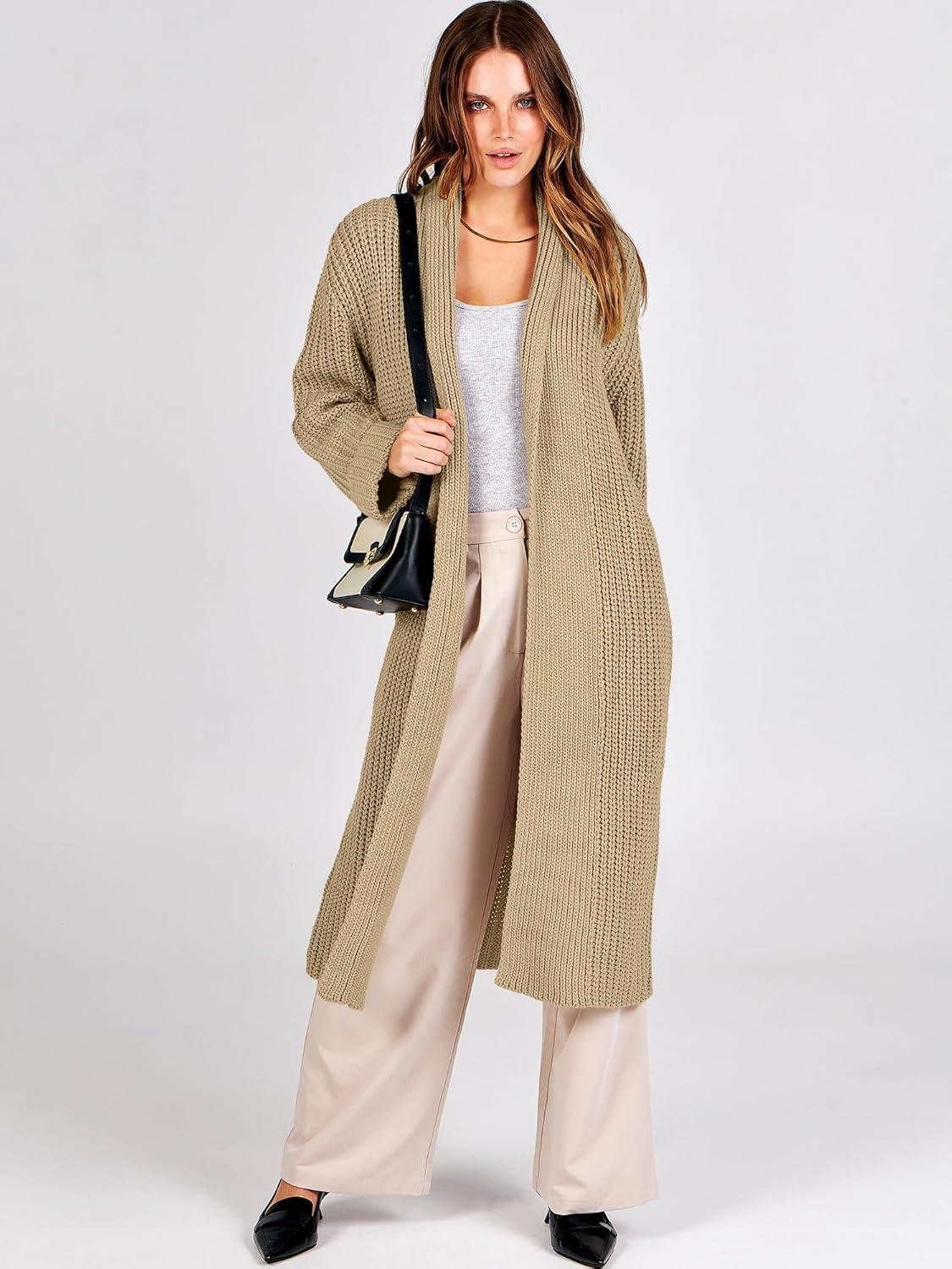 imageANRABESS Women Knit Long Cardigan Long Sleeve Open Front Lapel Oversized Sweater Coat 2025 Fall Duster Outerwear ClothesKhaki
