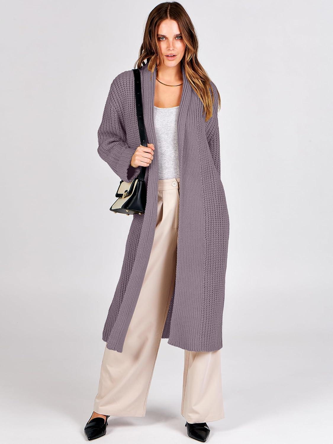 imageANRABESS Women Knit Long Cardigan Long Sleeve Open Front Lapel Oversized Sweater Coat 2025 Fall Duster Outerwear ClothesNutmeg