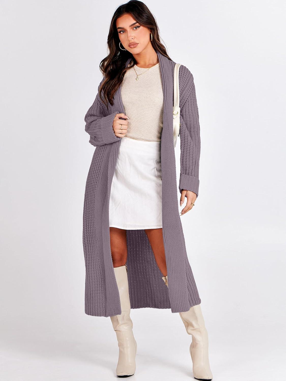 imageANRABESS Women Knit Long Cardigan Long Sleeve Open Front Lapel Oversized Sweater Coat 2025 Fall Duster Outerwear ClothesNutmeg