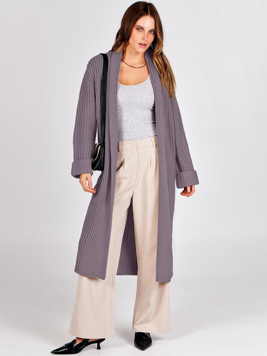 imageANRABESS Women Knit Long Cardigan Long Sleeve Open Front Lapel Oversized Sweater Coat 2025 Fall Duster Outerwear ClothesNutmeg