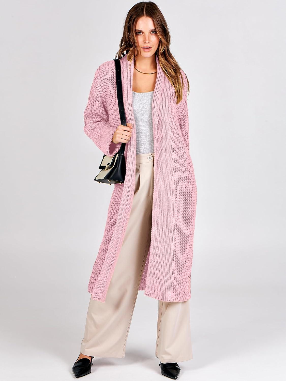 imageANRABESS Women Knit Long Cardigan Long Sleeve Open Front Lapel Oversized Sweater Coat 2025 Fall Duster Outerwear ClothesPink