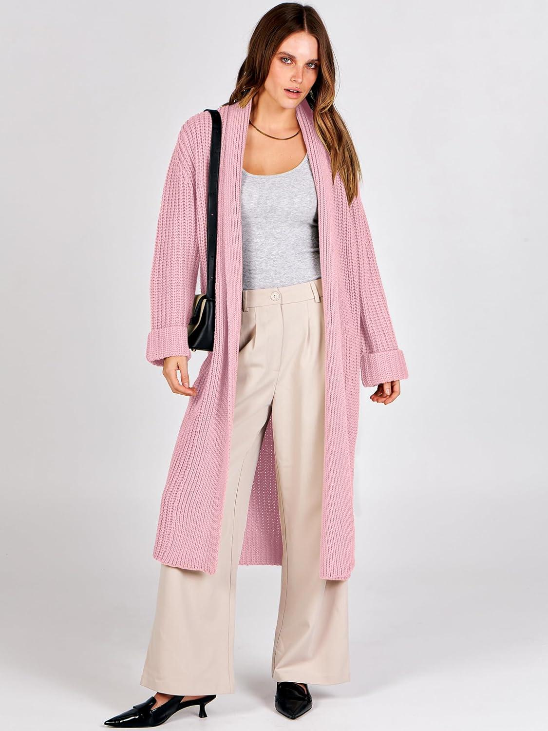 imageANRABESS Women Knit Long Cardigan Long Sleeve Open Front Lapel Oversized Sweater Coat 2025 Fall Duster Outerwear ClothesPink