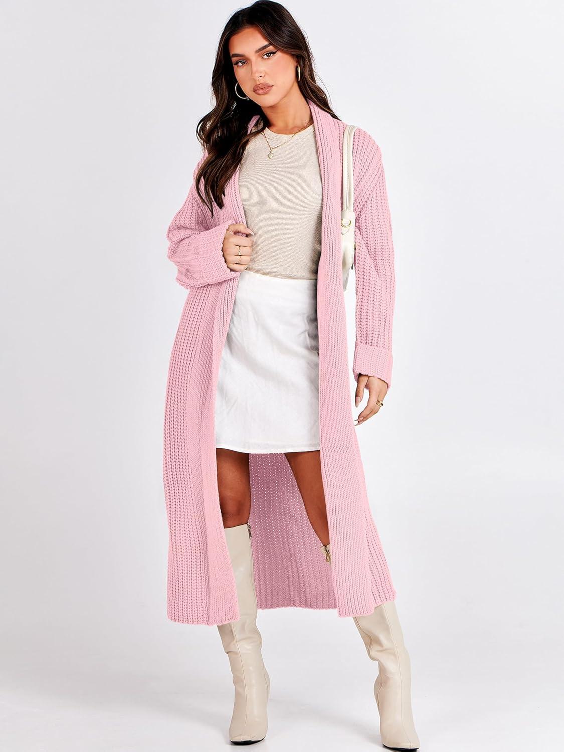 imageANRABESS Women Knit Long Cardigan Long Sleeve Open Front Lapel Oversized Sweater Coat 2025 Fall Duster Outerwear ClothesPink