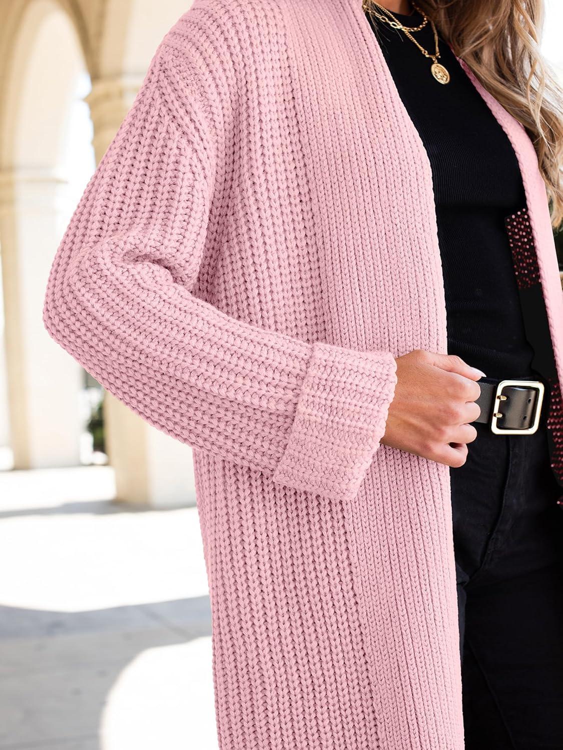 imageANRABESS Women Knit Long Cardigan Long Sleeve Open Front Lapel Oversized Sweater Coat 2025 Fall Duster Outerwear ClothesPink