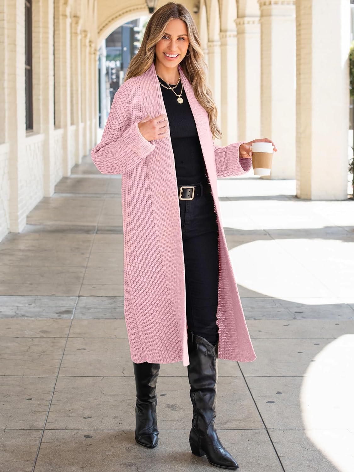 imageANRABESS Women Knit Long Cardigan Long Sleeve Open Front Lapel Oversized Sweater Coat 2025 Fall Duster Outerwear ClothesPink