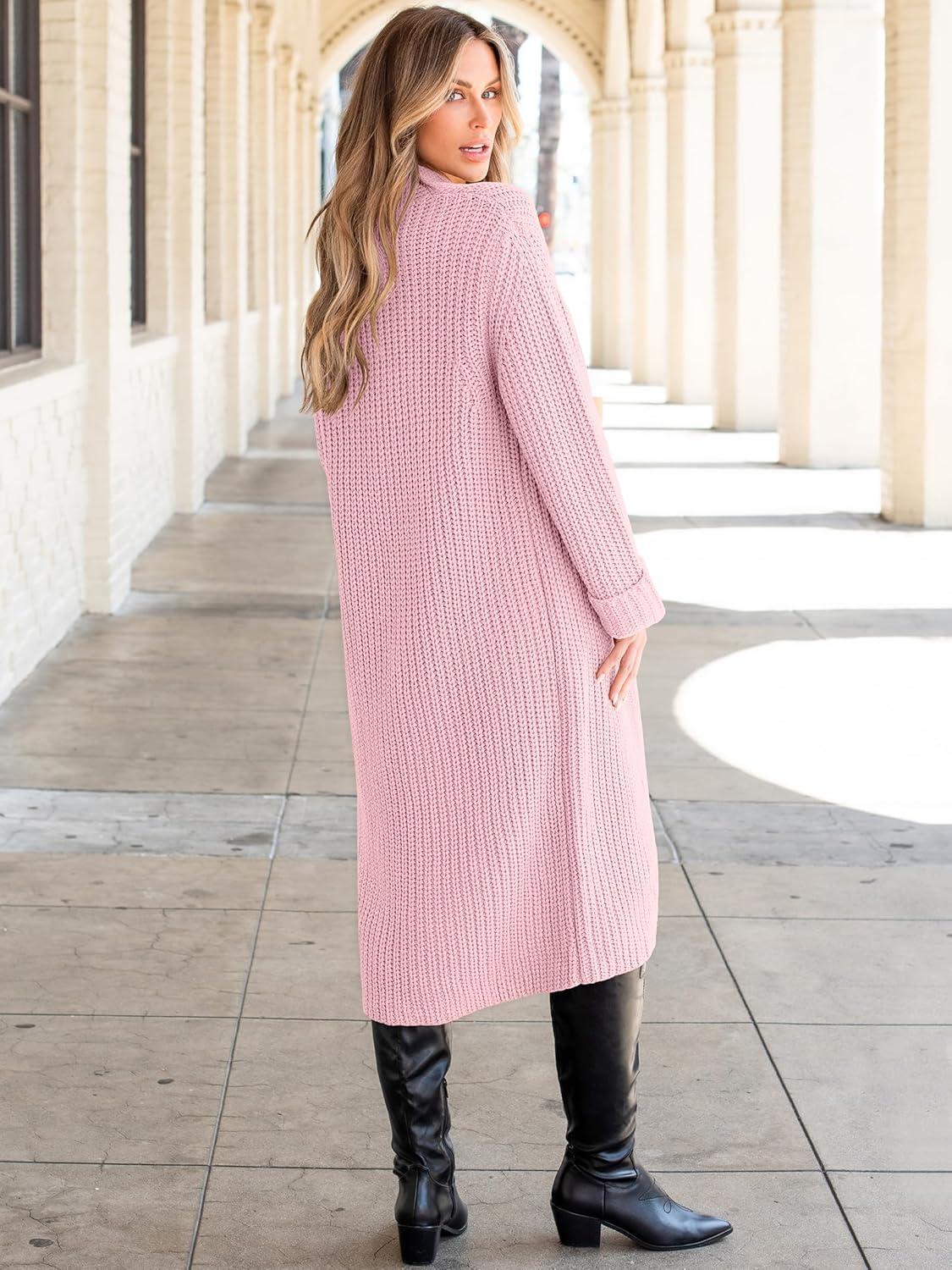 imageANRABESS Women Knit Long Cardigan Long Sleeve Open Front Lapel Oversized Sweater Coat 2025 Fall Duster Outerwear ClothesPink