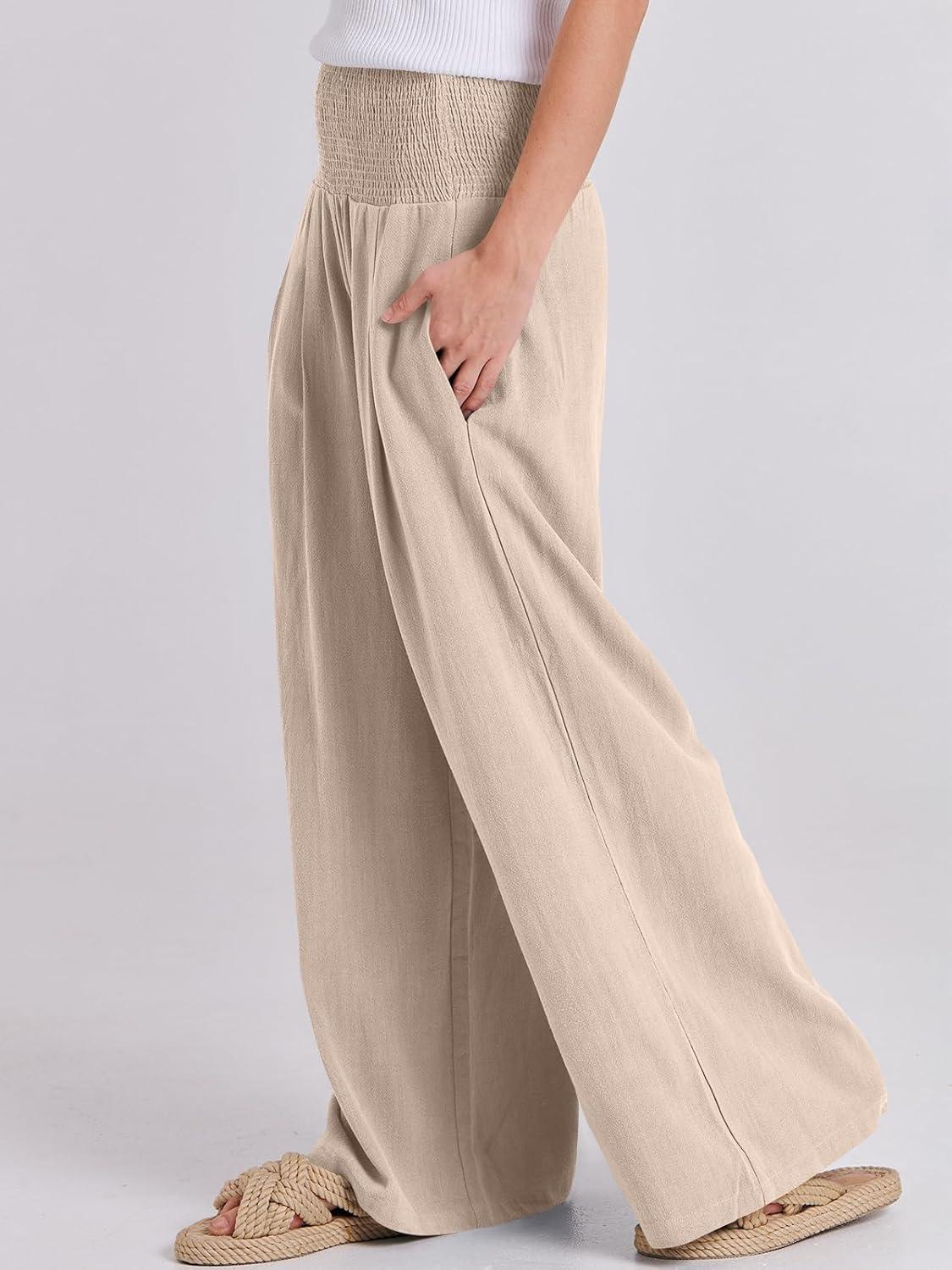 imageANRABESS Women Linen Palazzo Pants Summer Boho Wide Leg High Waist Casual Lounge Pant 2025 Beach Travel Vacation OutfitsAlmond