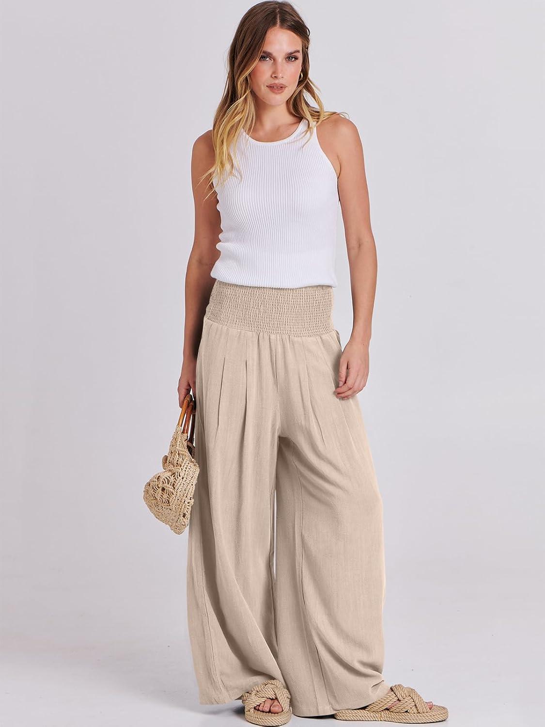 imageANRABESS Women Linen Palazzo Pants Summer Boho Wide Leg High Waist Casual Lounge Pant 2025 Beach Travel Vacation OutfitsAlmond