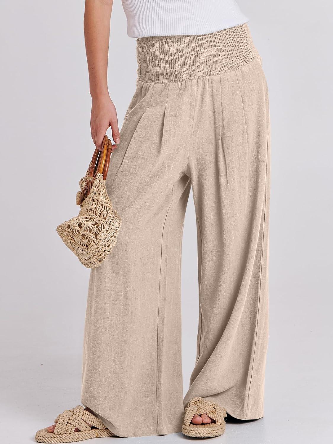 imageANRABESS Women Linen Palazzo Pants Summer Boho Wide Leg High Waist Casual Lounge Pant 2025 Beach Travel Vacation OutfitsAlmond