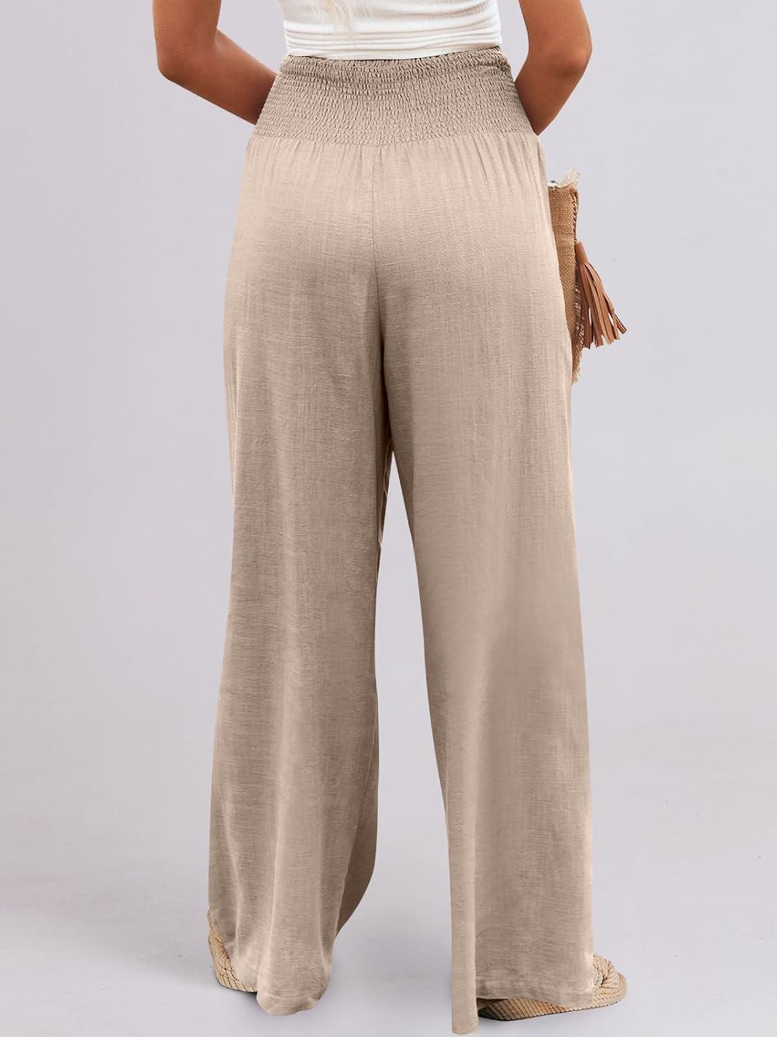 imageANRABESS Women Linen Palazzo Pants Summer Boho Wide Leg High Waist Casual Lounge Pant 2025 Beach Travel Vacation OutfitsAlmond