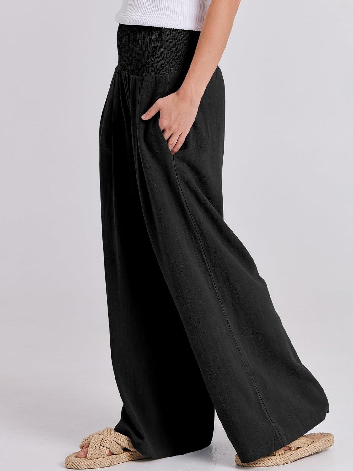 imageANRABESS Women Linen Palazzo Pants Summer Boho Wide Leg High Waist Casual Lounge Pant 2025 Beach Travel Vacation OutfitsBlack