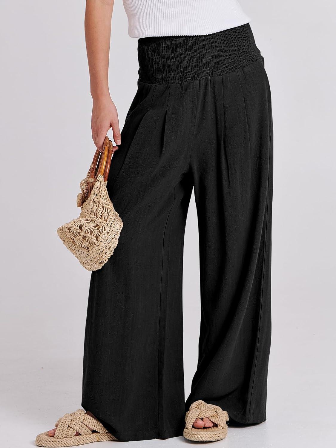 imageANRABESS Women Linen Palazzo Pants Summer Boho Wide Leg High Waist Casual Lounge Pant 2025 Beach Travel Vacation OutfitsBlack