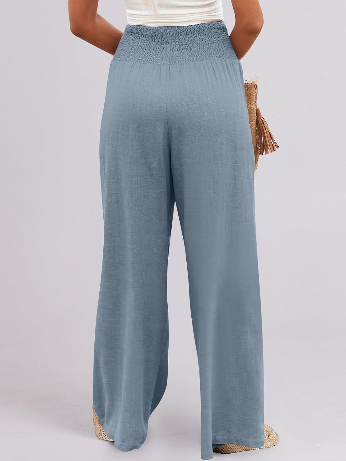 imageANRABESS Women Linen Palazzo Pants Summer Boho Wide Leg High Waist Casual Lounge Pant 2025 Beach Travel Vacation OutfitsBlue