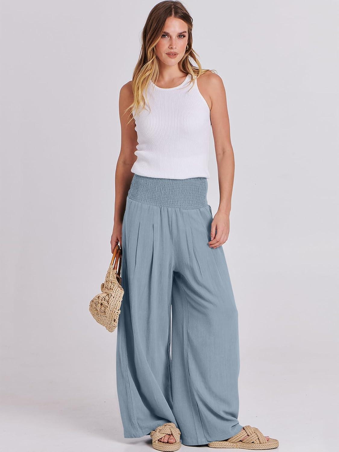 imageANRABESS Women Linen Palazzo Pants Summer Boho Wide Leg High Waist Casual Lounge Pant 2025 Beach Travel Vacation OutfitsBlue