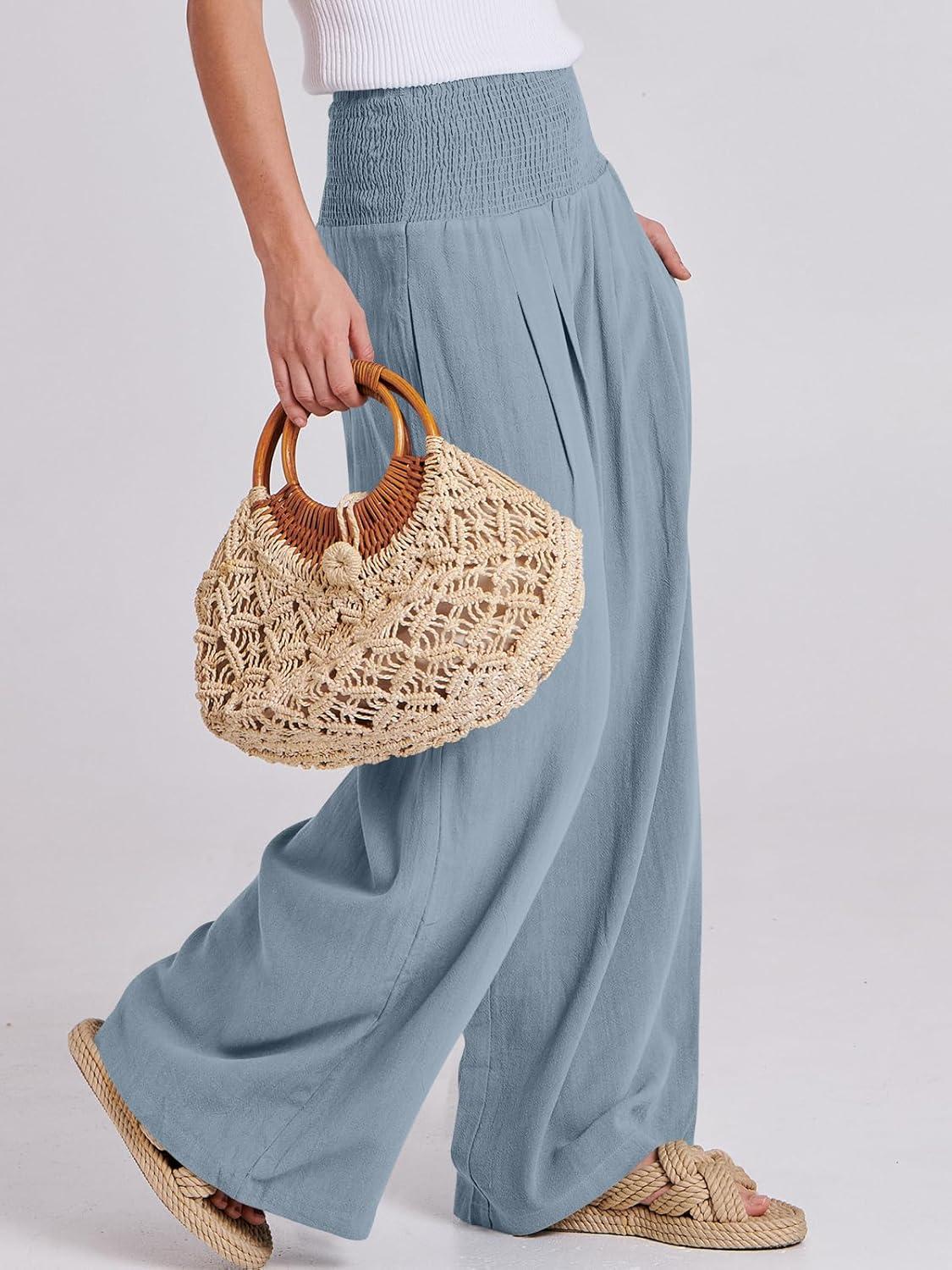 imageANRABESS Women Linen Palazzo Pants Summer Boho Wide Leg High Waist Casual Lounge Pant 2025 Beach Travel Vacation OutfitsBlue