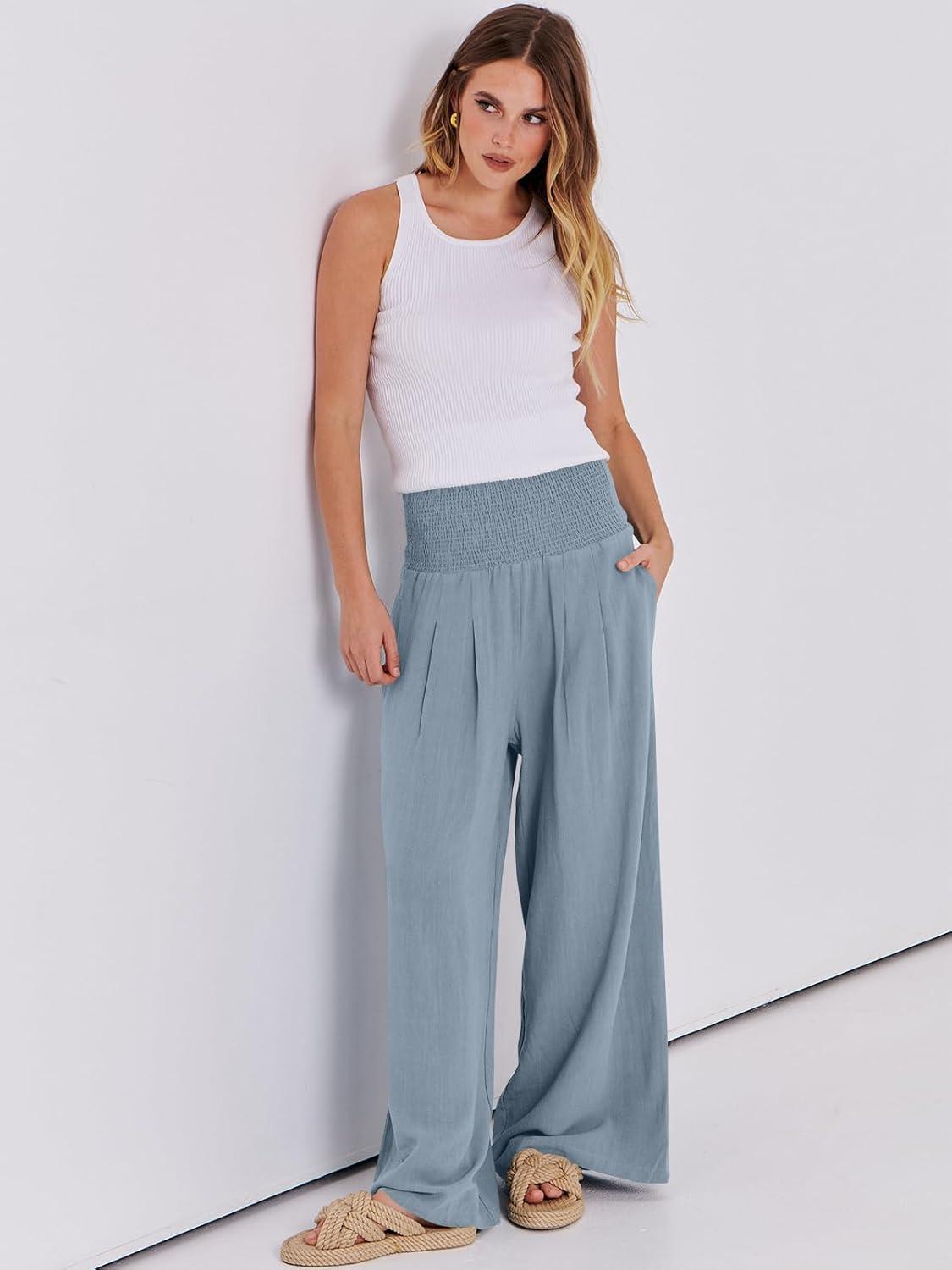 imageANRABESS Women Linen Palazzo Pants Summer Boho Wide Leg High Waist Casual Lounge Pant 2025 Beach Travel Vacation OutfitsBlue