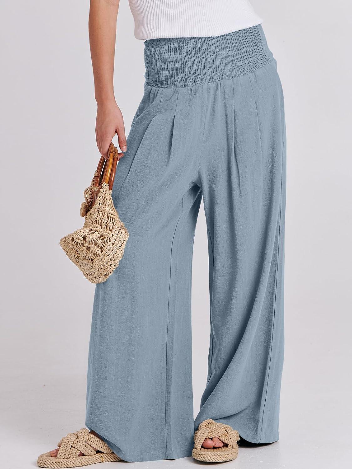 imageANRABESS Women Linen Palazzo Pants Summer Boho Wide Leg High Waist Casual Lounge Pant 2025 Beach Travel Vacation OutfitsBlue