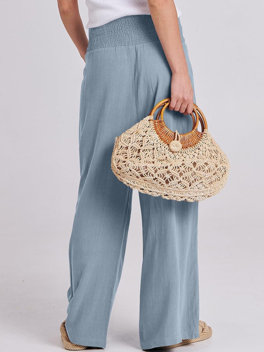imageANRABESS Women Linen Palazzo Pants Summer Boho Wide Leg High Waist Casual Lounge Pant 2025 Beach Travel Vacation OutfitsBlue