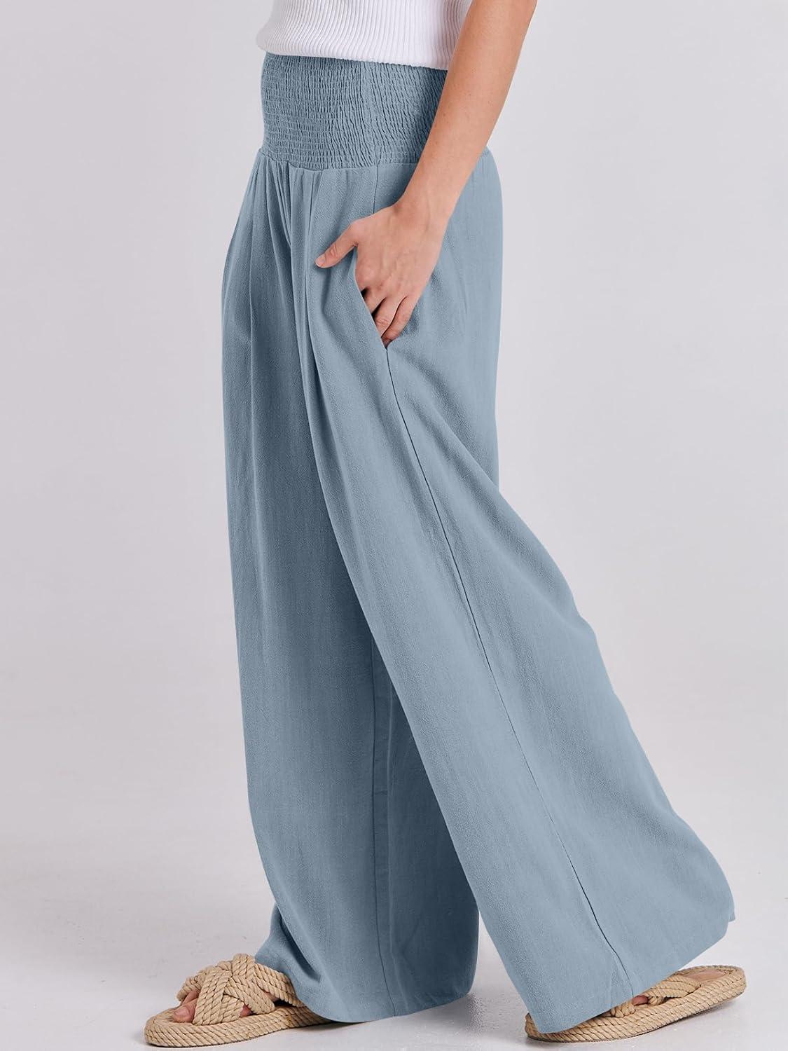 imageANRABESS Women Linen Palazzo Pants Summer Boho Wide Leg High Waist Casual Lounge Pant 2025 Beach Travel Vacation OutfitsBlue
