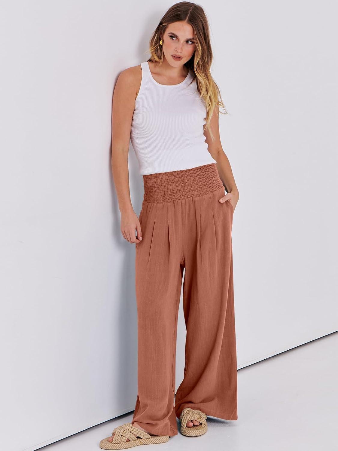 imageANRABESS Women Linen Palazzo Pants Summer Boho Wide Leg High Waist Casual Lounge Pant 2025 Beach Travel Vacation OutfitsBrick Red