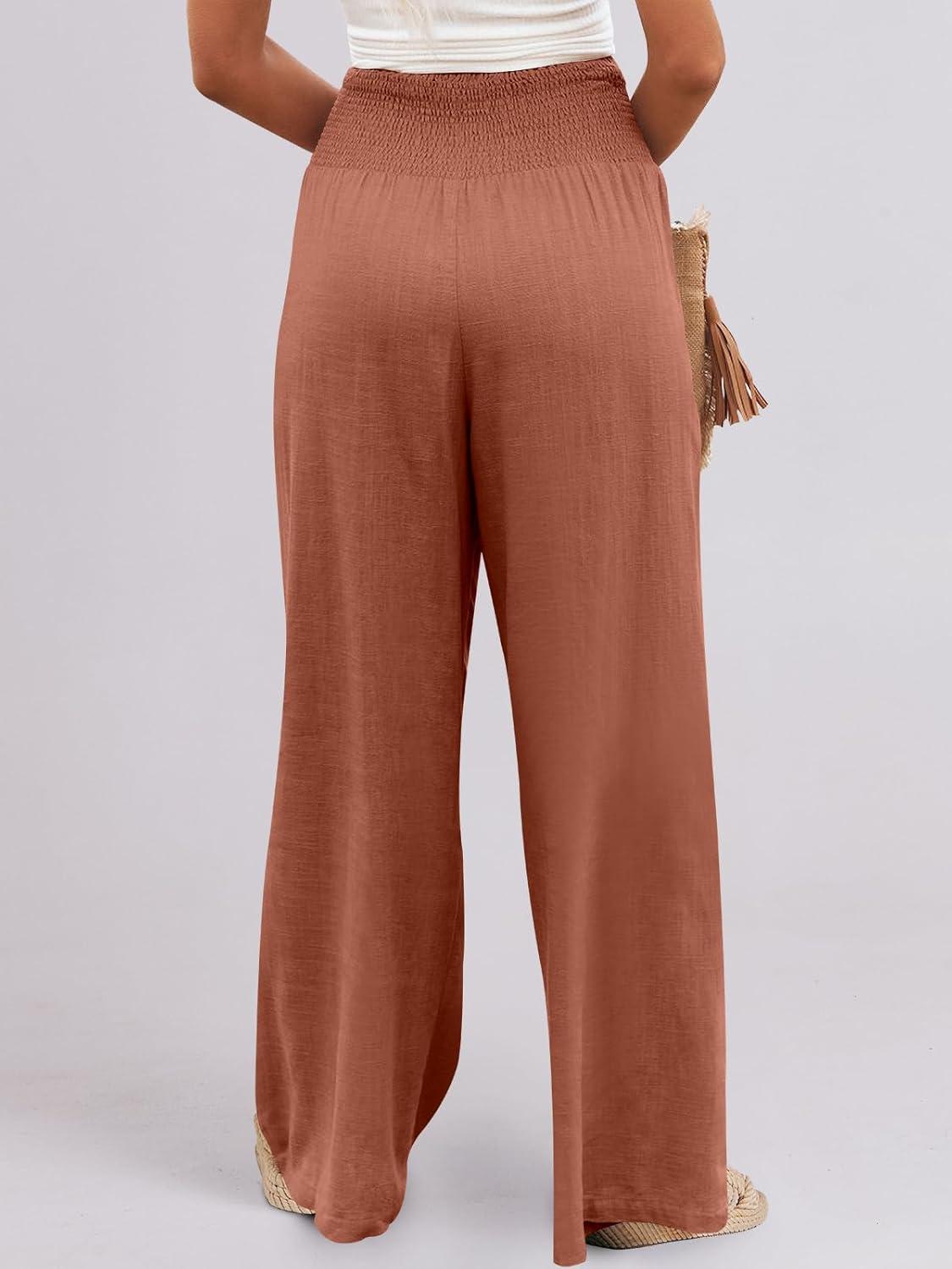 imageANRABESS Women Linen Palazzo Pants Summer Boho Wide Leg High Waist Casual Lounge Pant 2025 Beach Travel Vacation OutfitsBrick Red