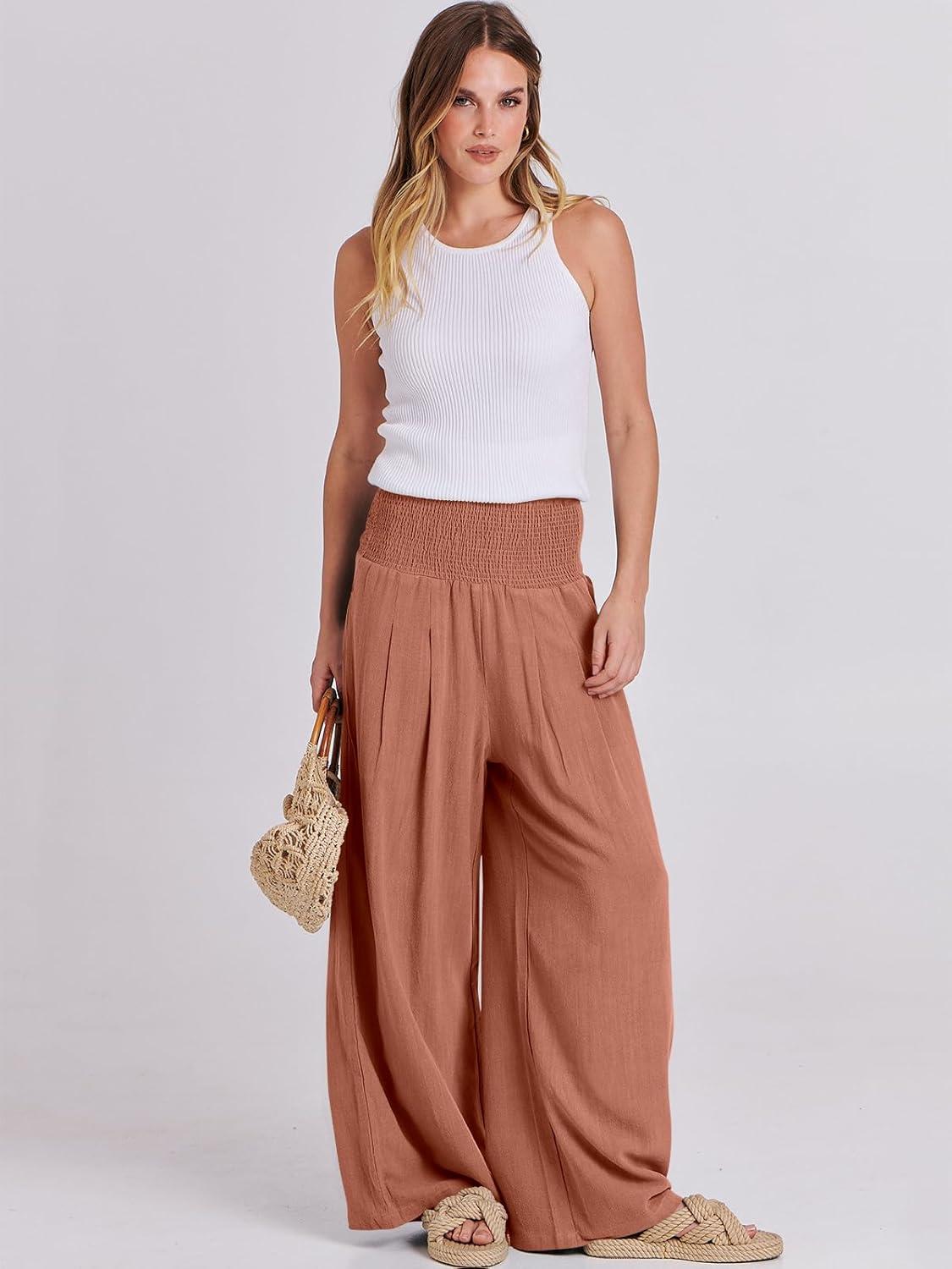 imageANRABESS Women Linen Palazzo Pants Summer Boho Wide Leg High Waist Casual Lounge Pant 2025 Beach Travel Vacation OutfitsBrick Red