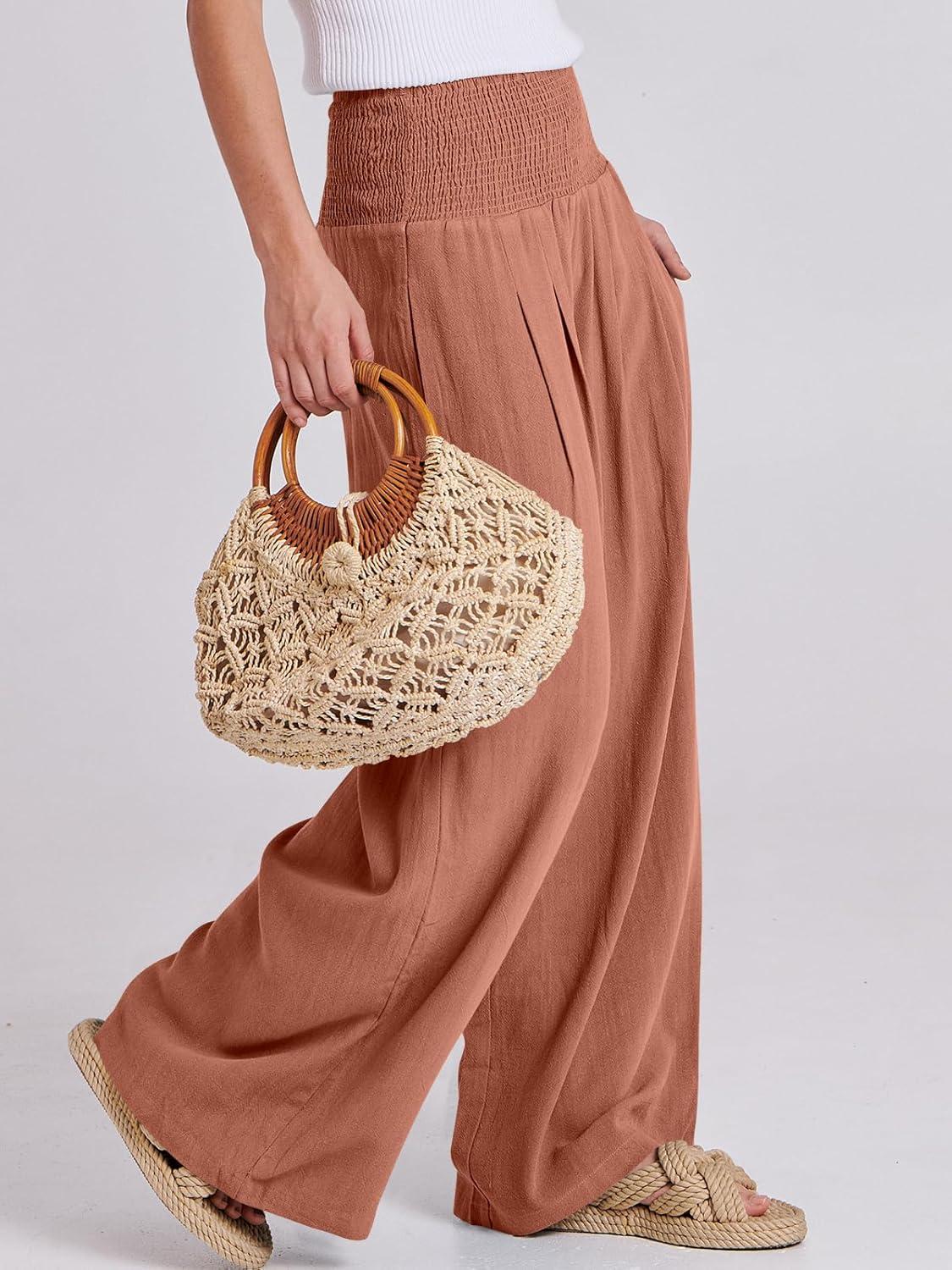 imageANRABESS Women Linen Palazzo Pants Summer Boho Wide Leg High Waist Casual Lounge Pant 2025 Beach Travel Vacation OutfitsBrick Red