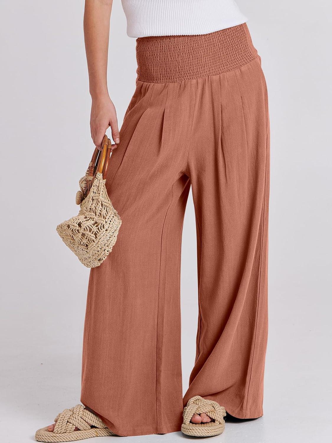 imageANRABESS Women Linen Palazzo Pants Summer Boho Wide Leg High Waist Casual Lounge Pant 2025 Beach Travel Vacation OutfitsBrick Red