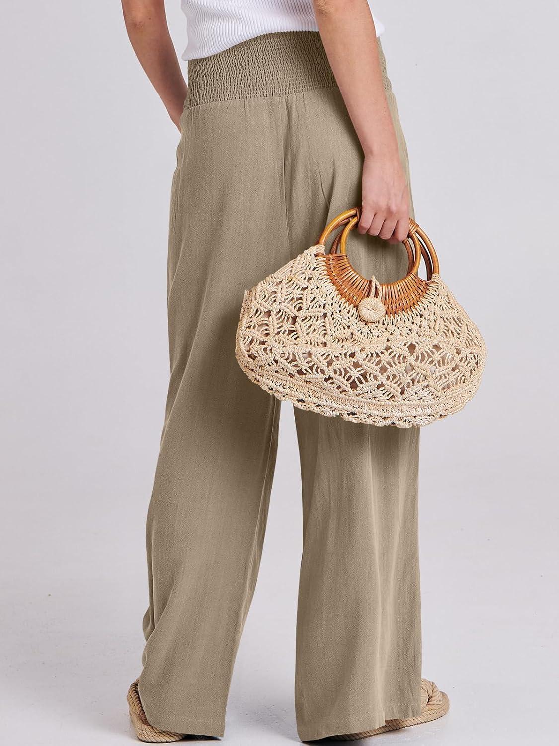 imageANRABESS Women Linen Palazzo Pants Summer Boho Wide Leg High Waist Casual Lounge Pant 2025 Beach Travel Vacation OutfitsBrown