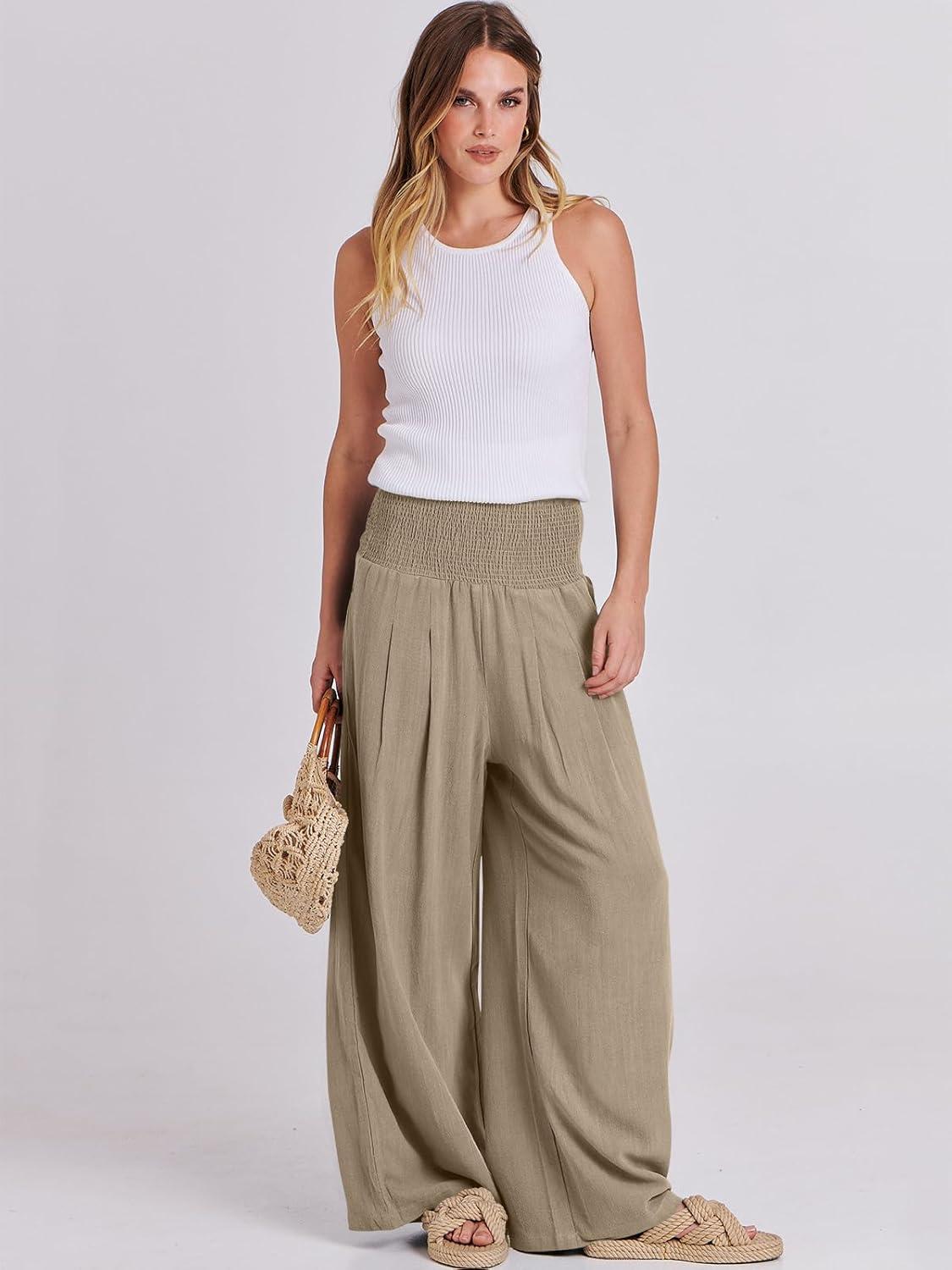 imageANRABESS Women Linen Palazzo Pants Summer Boho Wide Leg High Waist Casual Lounge Pant 2025 Beach Travel Vacation OutfitsBrown