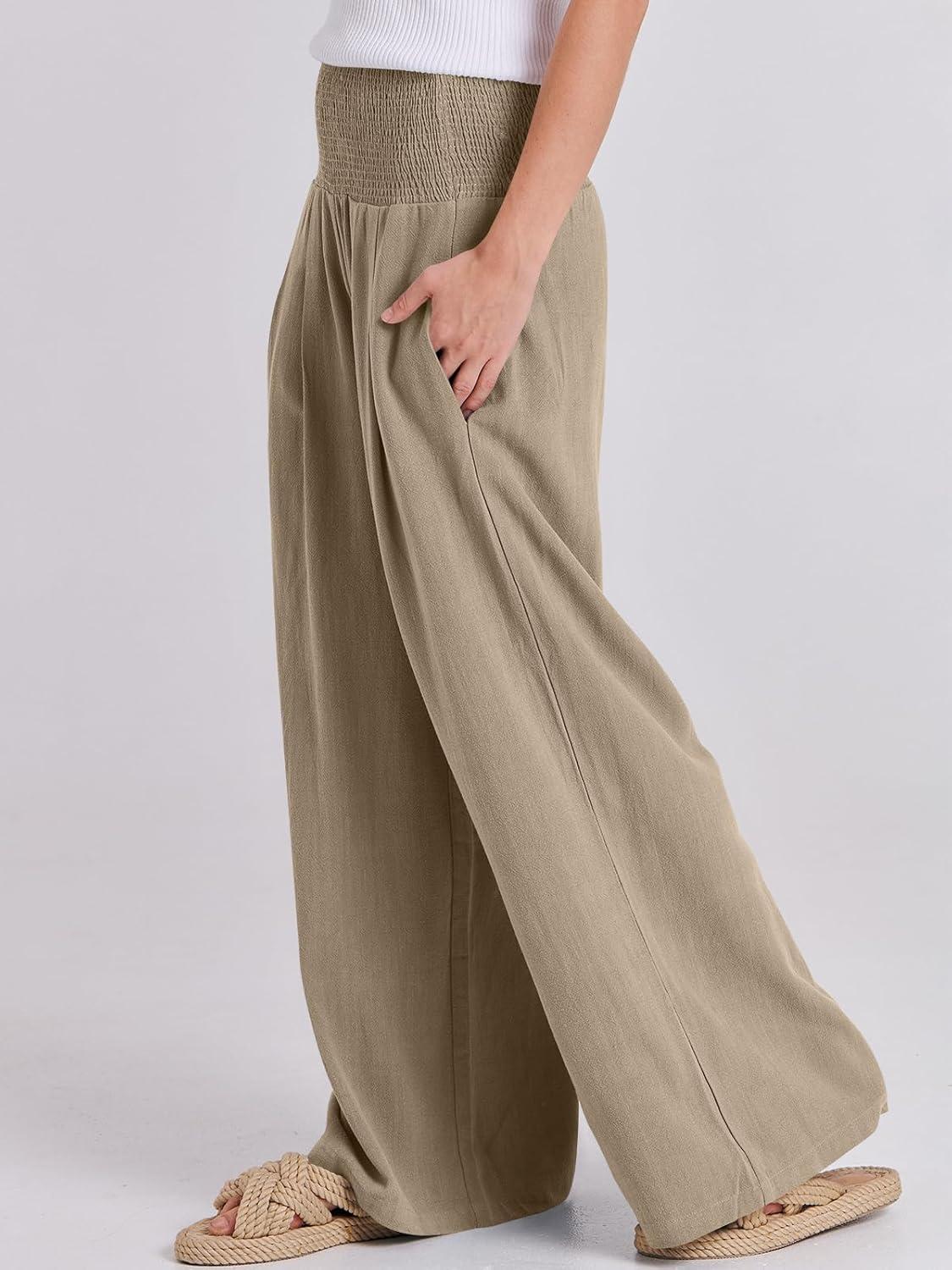 imageANRABESS Women Linen Palazzo Pants Summer Boho Wide Leg High Waist Casual Lounge Pant 2025 Beach Travel Vacation OutfitsBrown