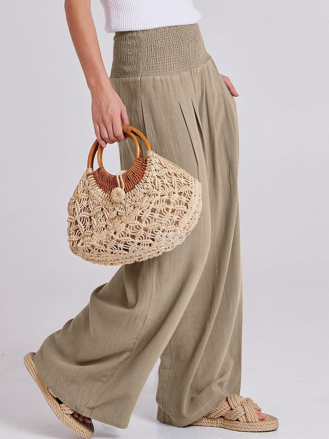 imageANRABESS Women Linen Palazzo Pants Summer Boho Wide Leg High Waist Casual Lounge Pant 2025 Beach Travel Vacation OutfitsBrown