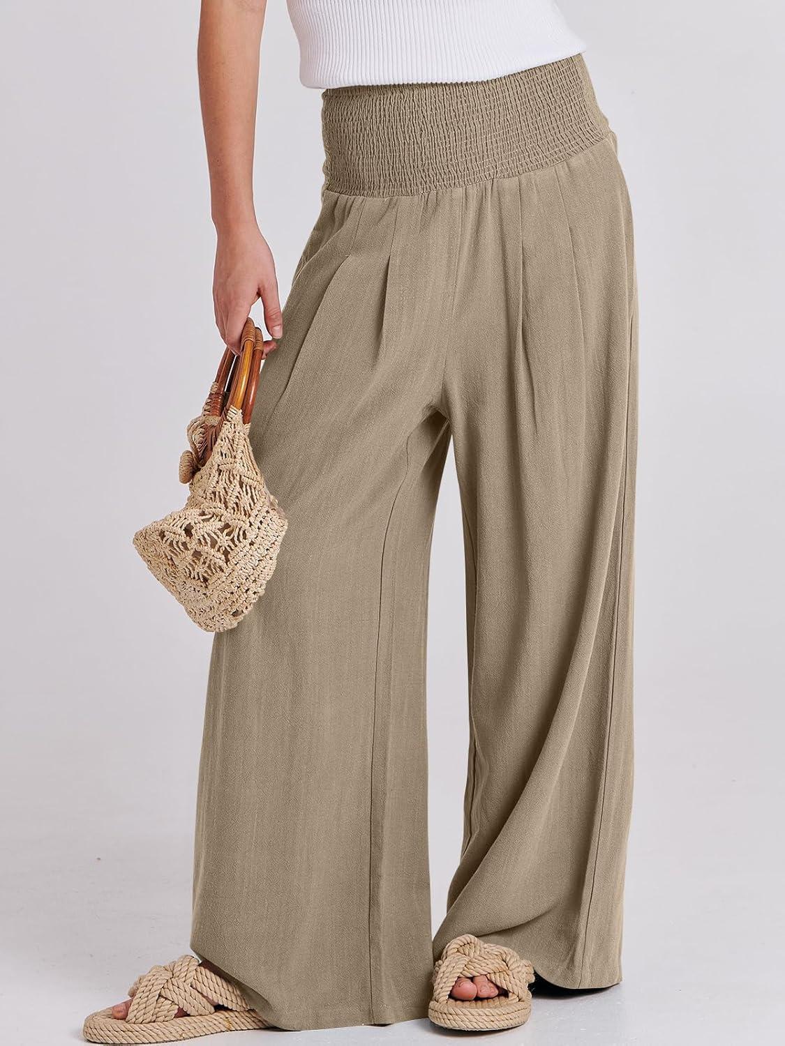 imageANRABESS Women Linen Palazzo Pants Summer Boho Wide Leg High Waist Casual Lounge Pant 2025 Beach Travel Vacation OutfitsBrown