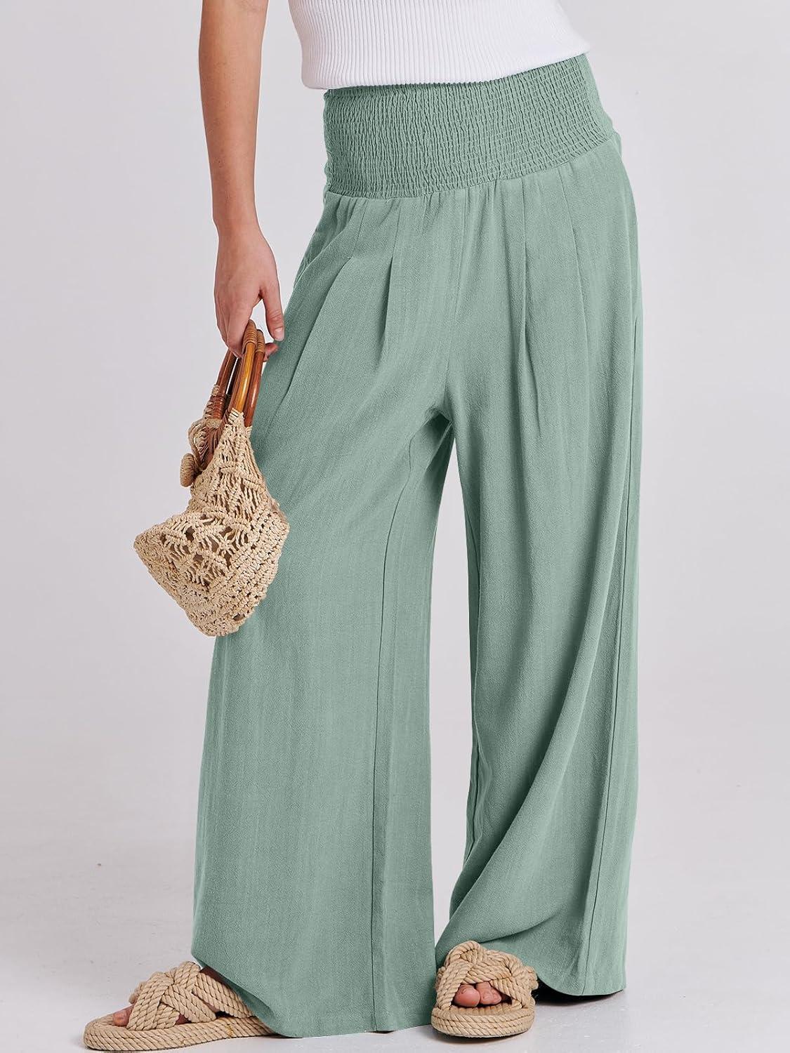 imageANRABESS Women Linen Palazzo Pants Summer Boho Wide Leg High Waist Casual Lounge Pant 2025 Beach Travel Vacation OutfitsGreen Blue