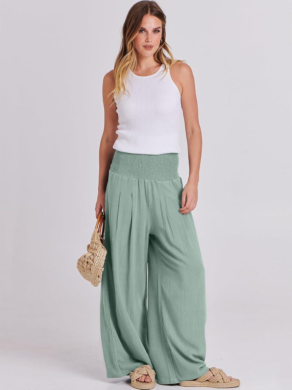 imageANRABESS Women Linen Palazzo Pants Summer Boho Wide Leg High Waist Casual Lounge Pant 2025 Beach Travel Vacation OutfitsGreen Blue