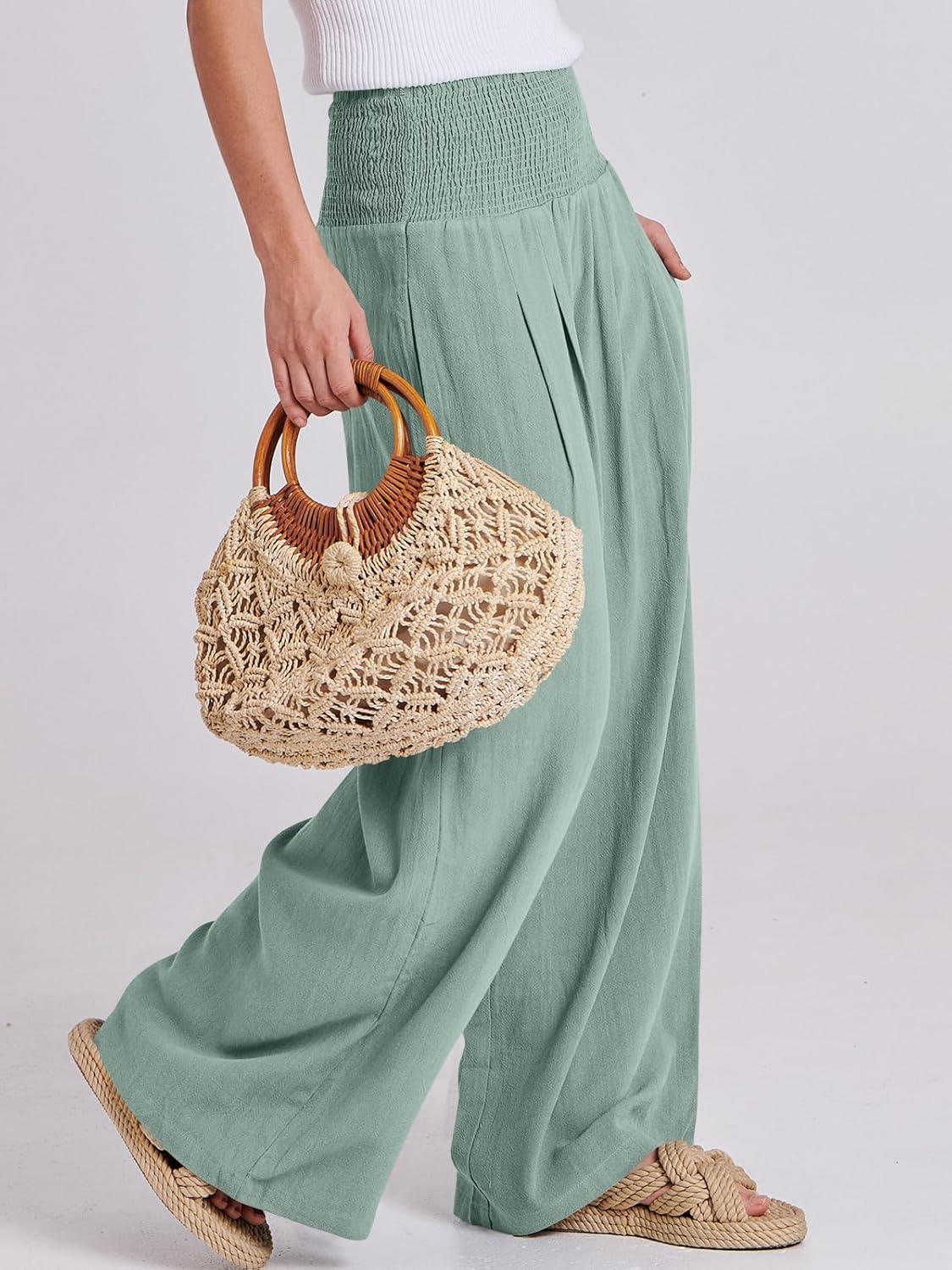 imageANRABESS Women Linen Palazzo Pants Summer Boho Wide Leg High Waist Casual Lounge Pant 2025 Beach Travel Vacation OutfitsGreen Blue