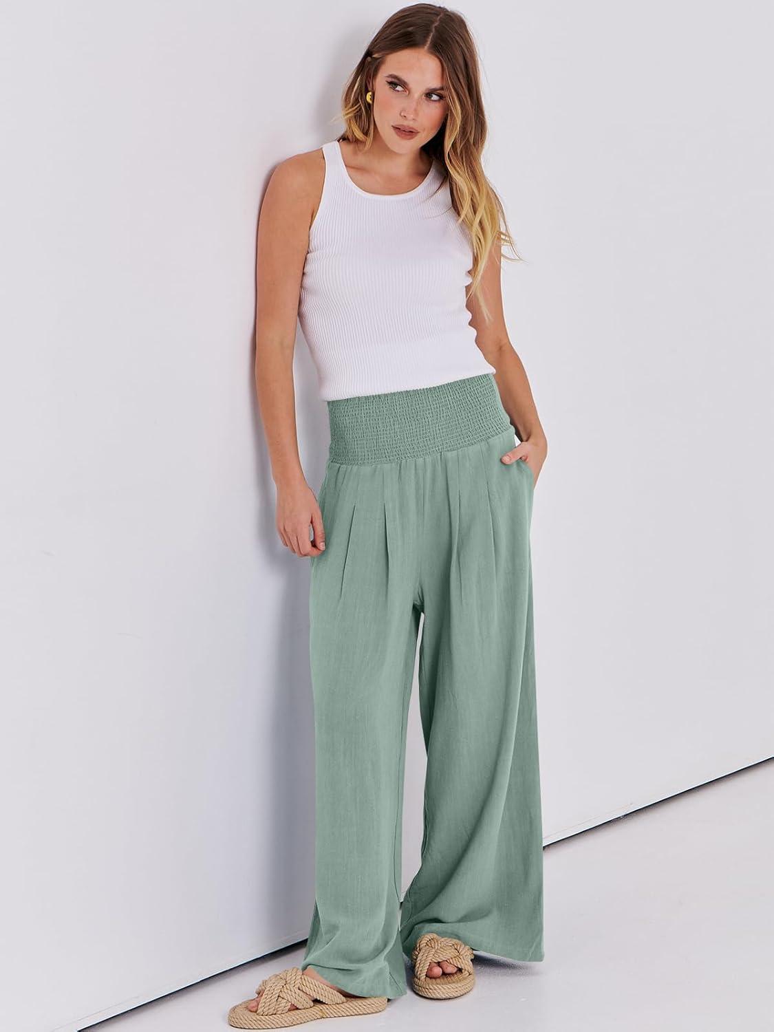 imageANRABESS Women Linen Palazzo Pants Summer Boho Wide Leg High Waist Casual Lounge Pant 2025 Beach Travel Vacation OutfitsGreen Blue