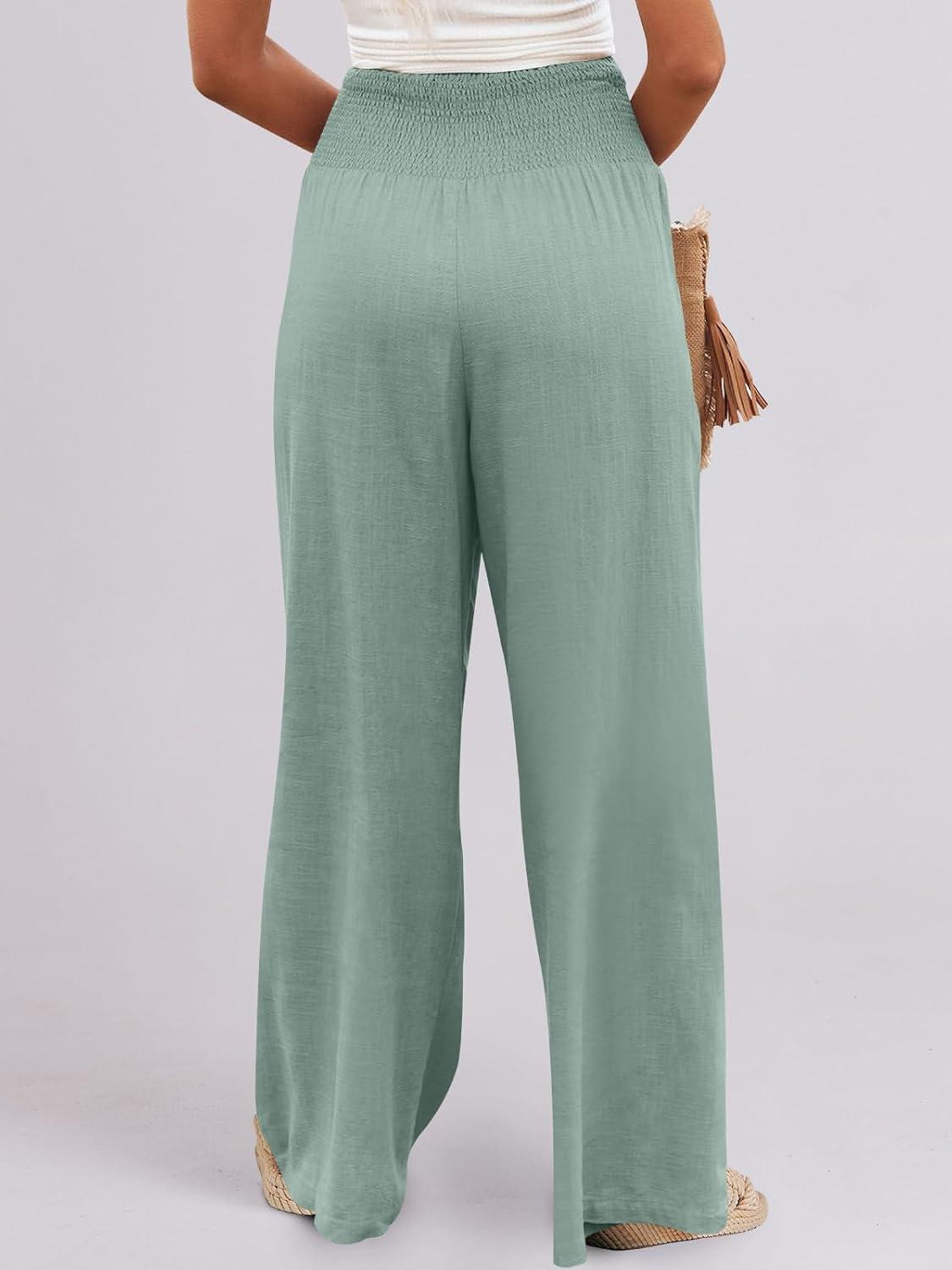 imageANRABESS Women Linen Palazzo Pants Summer Boho Wide Leg High Waist Casual Lounge Pant 2025 Beach Travel Vacation OutfitsGreen Blue