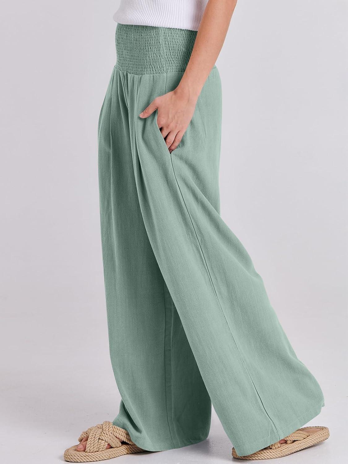 imageANRABESS Women Linen Palazzo Pants Summer Boho Wide Leg High Waist Casual Lounge Pant 2025 Beach Travel Vacation OutfitsGreen Blue