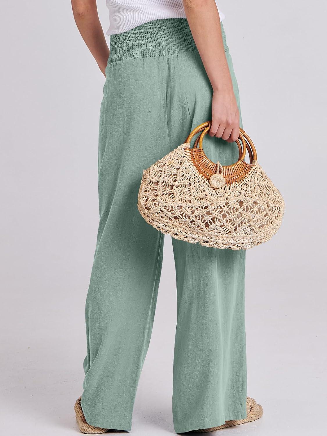 imageANRABESS Women Linen Palazzo Pants Summer Boho Wide Leg High Waist Casual Lounge Pant 2025 Beach Travel Vacation OutfitsGreen Blue