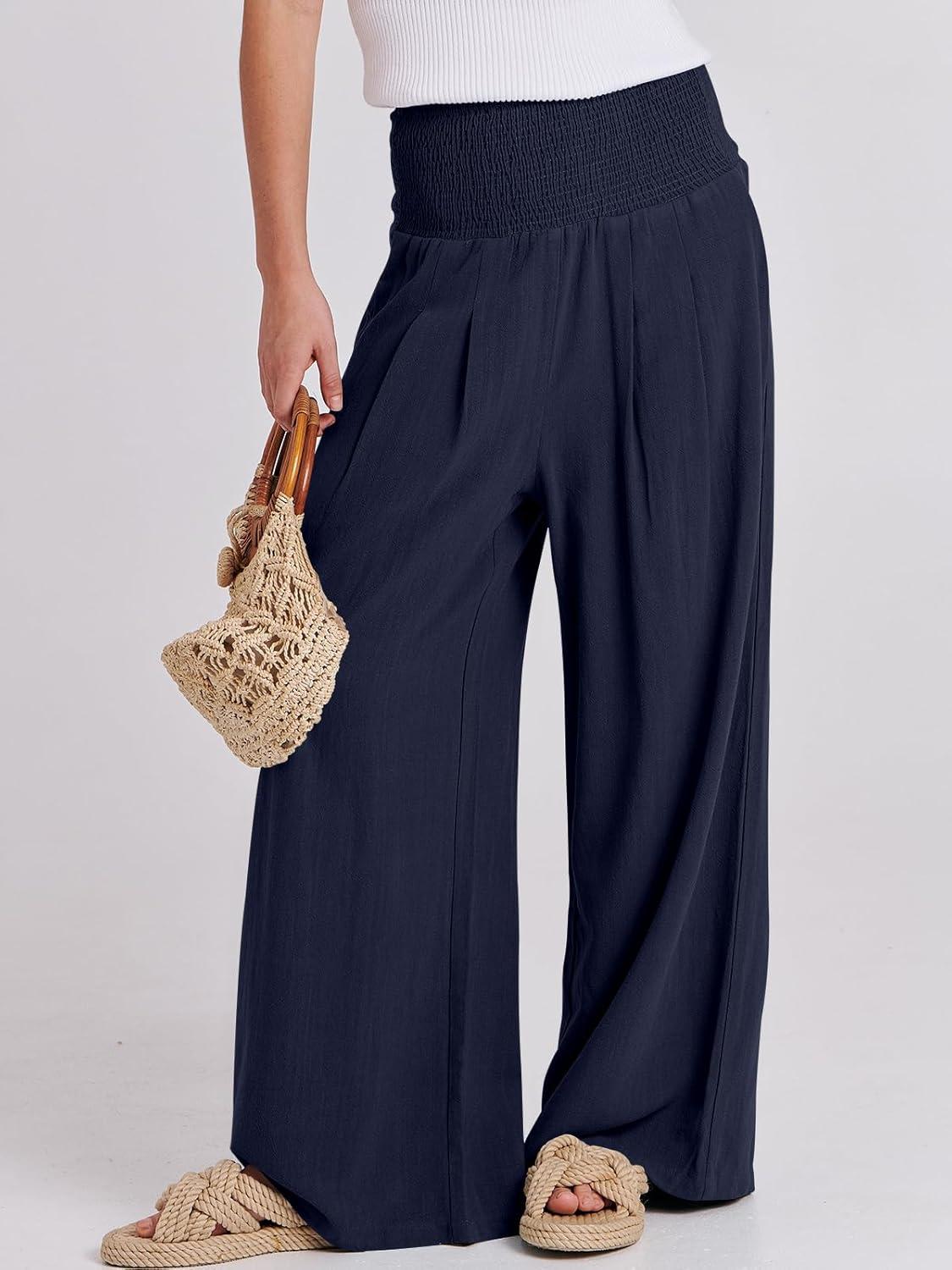 imageANRABESS Women Linen Palazzo Pants Summer Boho Wide Leg High Waist Casual Lounge Pant 2025 Beach Travel Vacation OutfitsNavy Blue