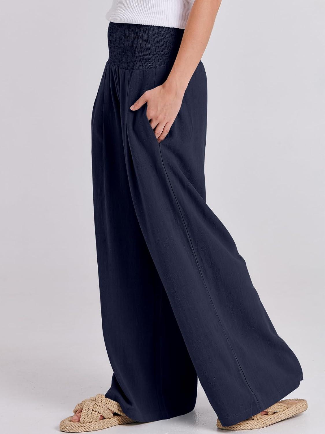 imageANRABESS Women Linen Palazzo Pants Summer Boho Wide Leg High Waist Casual Lounge Pant 2025 Beach Travel Vacation OutfitsNavy Blue